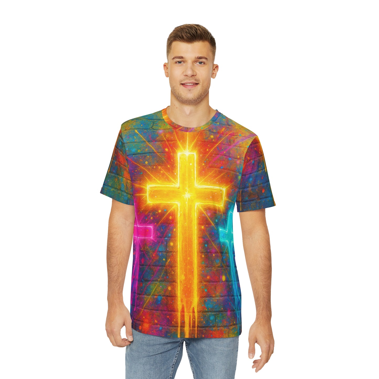 Vibrant Faith Graphic Tee, Colorful Men’s Shirt, Cross Design Apparel, Spiritual Fashion, Casual Wear for Men/Women