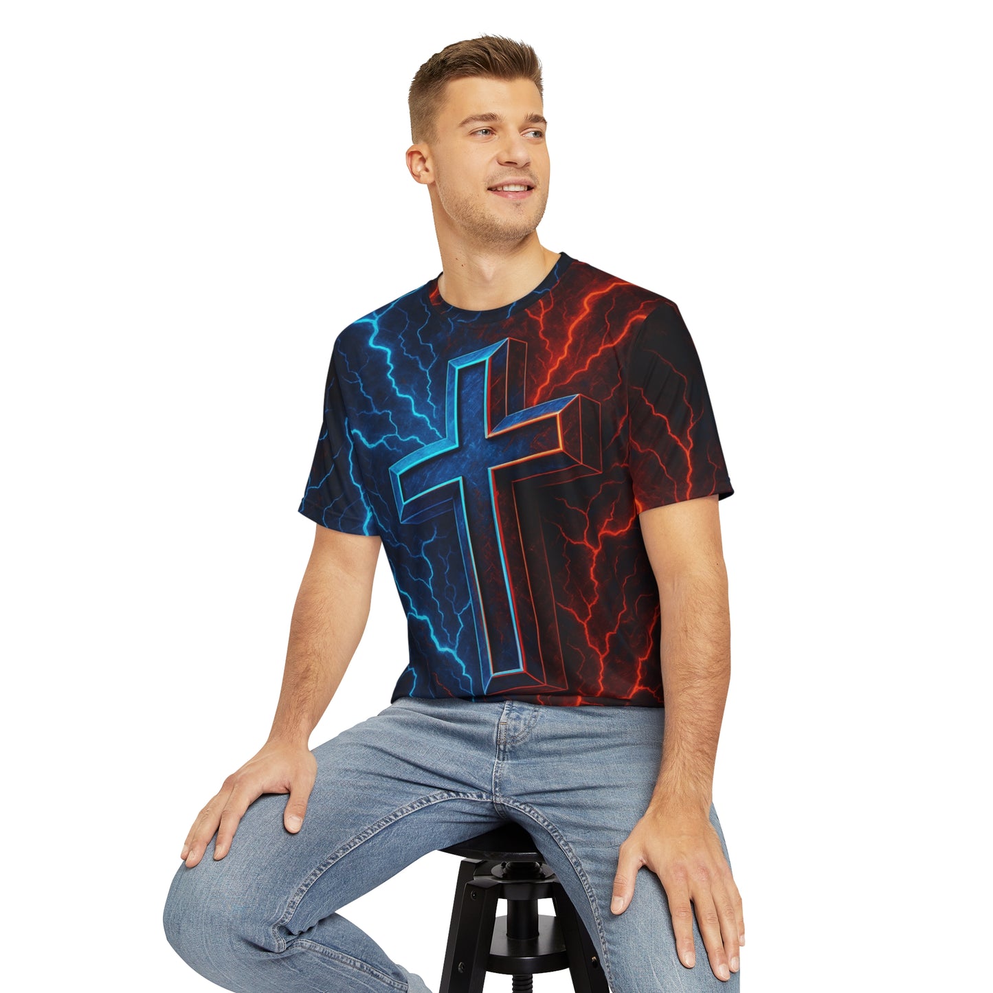 Men's Graphic Tee with Electric Cross Design, Bold T-shirt for Faith, Spiritual Style, Unique Christian Gift, Casual Wear