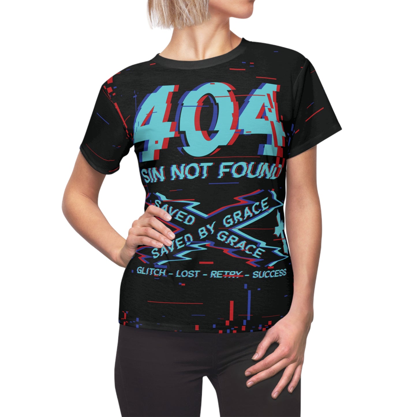404 Error Women's Graphic Tee, Saved by Grace Shirt, Glitch Art Top, Youthful Design for Casual Wear, Perfect for Gift Giving