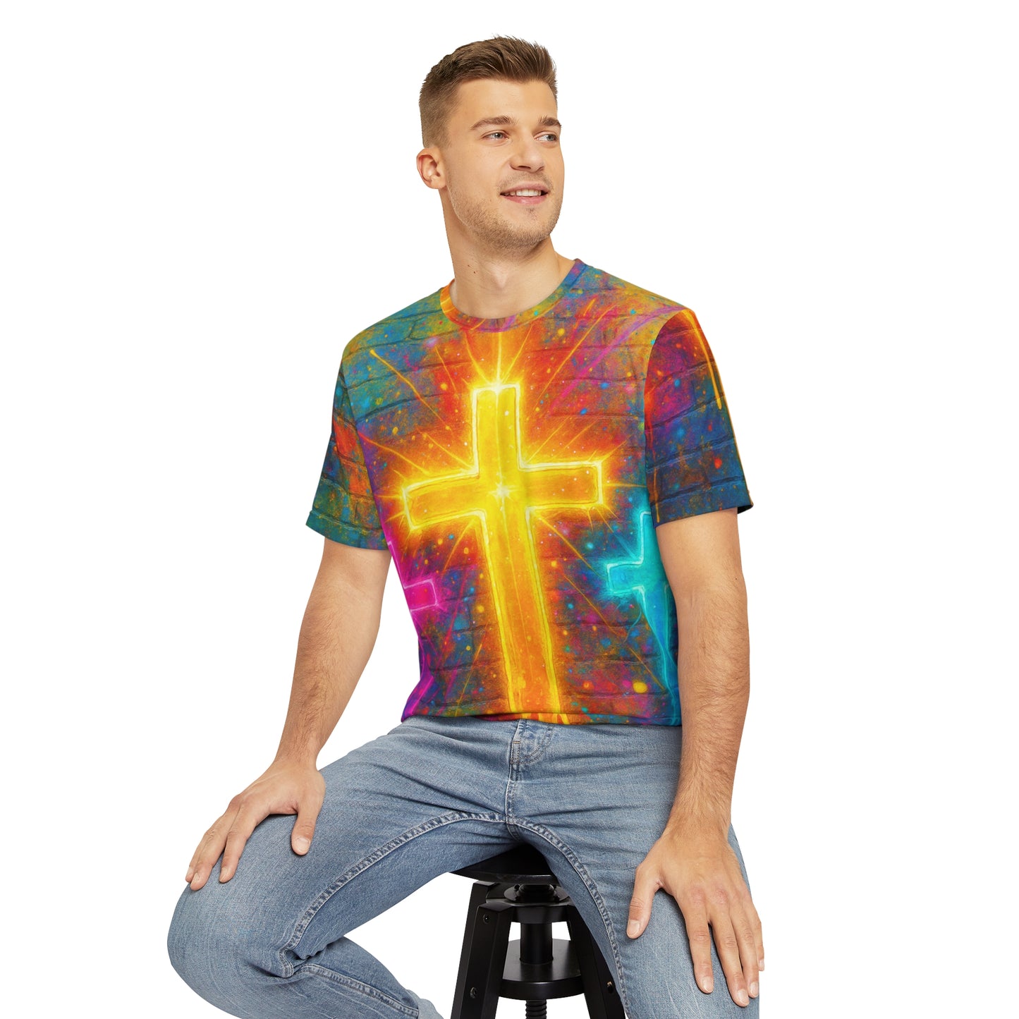 Vibrant Faith Graphic Tee, Colorful Men’s Shirt, Cross Design Apparel, Spiritual Fashion, Casual Wear for Men/Women