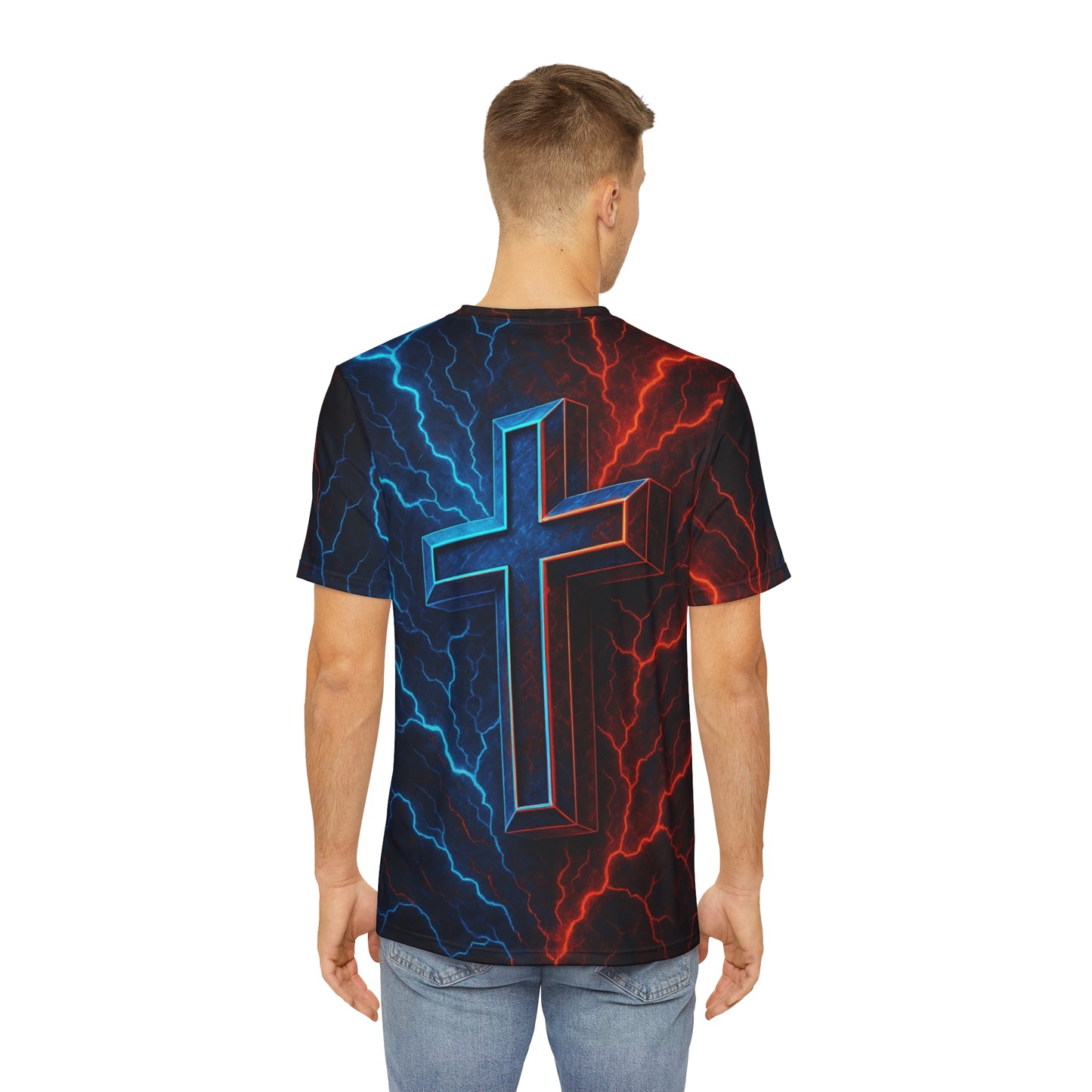 Men's Graphic Tee with Electric Cross Design, Bold T-shirt for Faith, Spiritual Style, Unique Christian Gift, Casual Wear