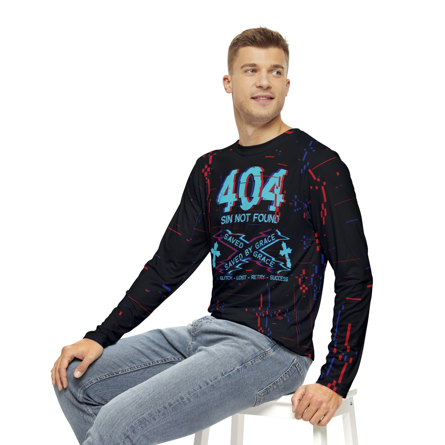 404 Error, Sin not found, Saved by Grace- polyester Long Sleeve Tee(AOP)