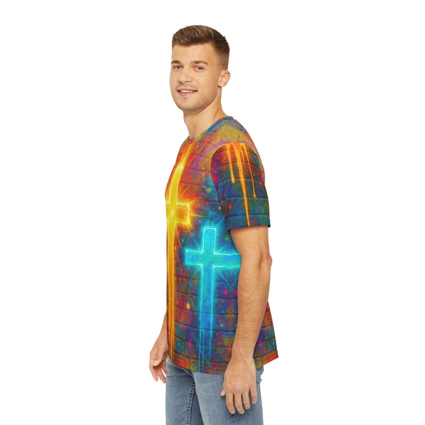 Vibrant Faith Graphic Tee, Colorful Men’s Shirt, Cross Design Apparel, Spiritual Fashion, Casual Wear for Men/Women