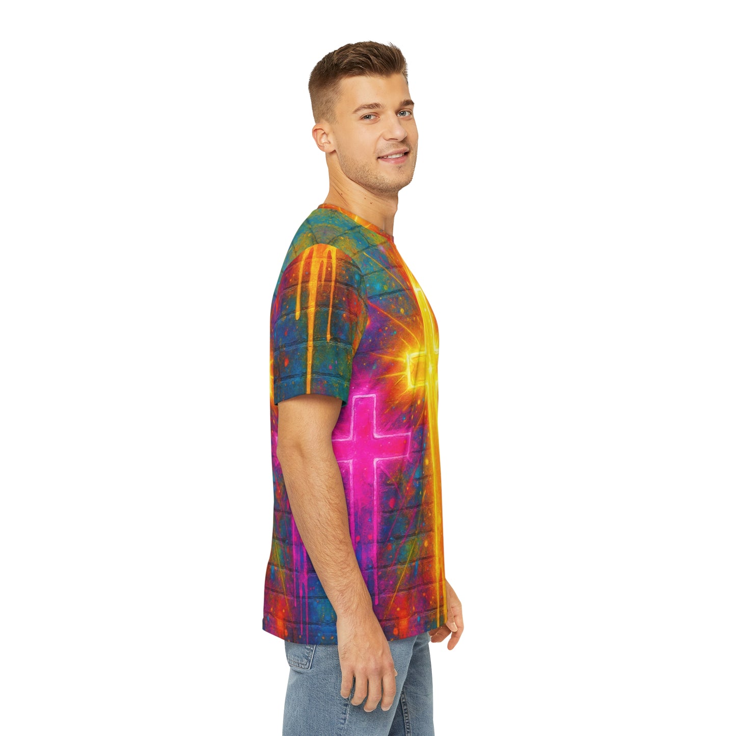 Vibrant Faith Graphic Tee, Colorful Men’s Shirt, Cross Design Apparel, Spiritual Fashion, Casual Wear for Men/Women