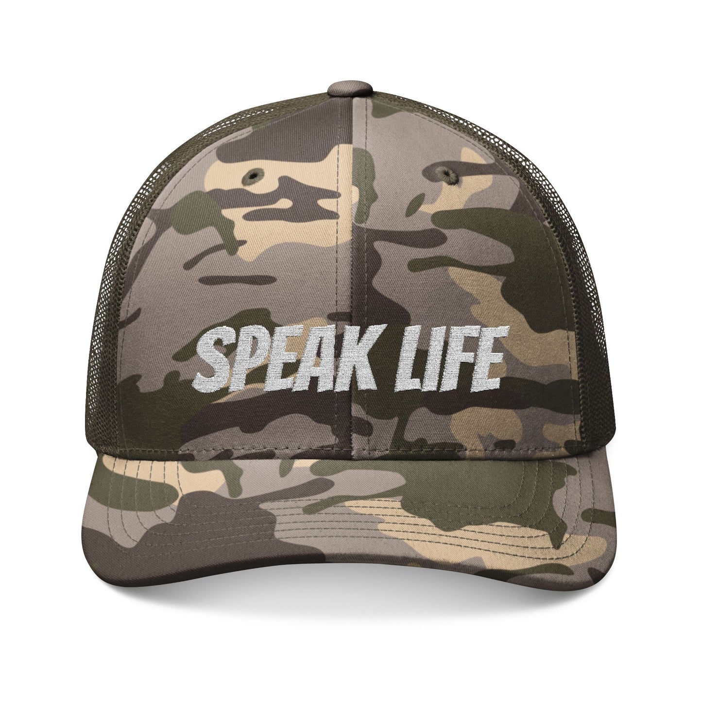 Camouflage Trucker Hat - Speak Life Embroidered Cap for Outdoor Adventures, Gifts for Nature Lovers, Summer Festival Style, Casual Wear