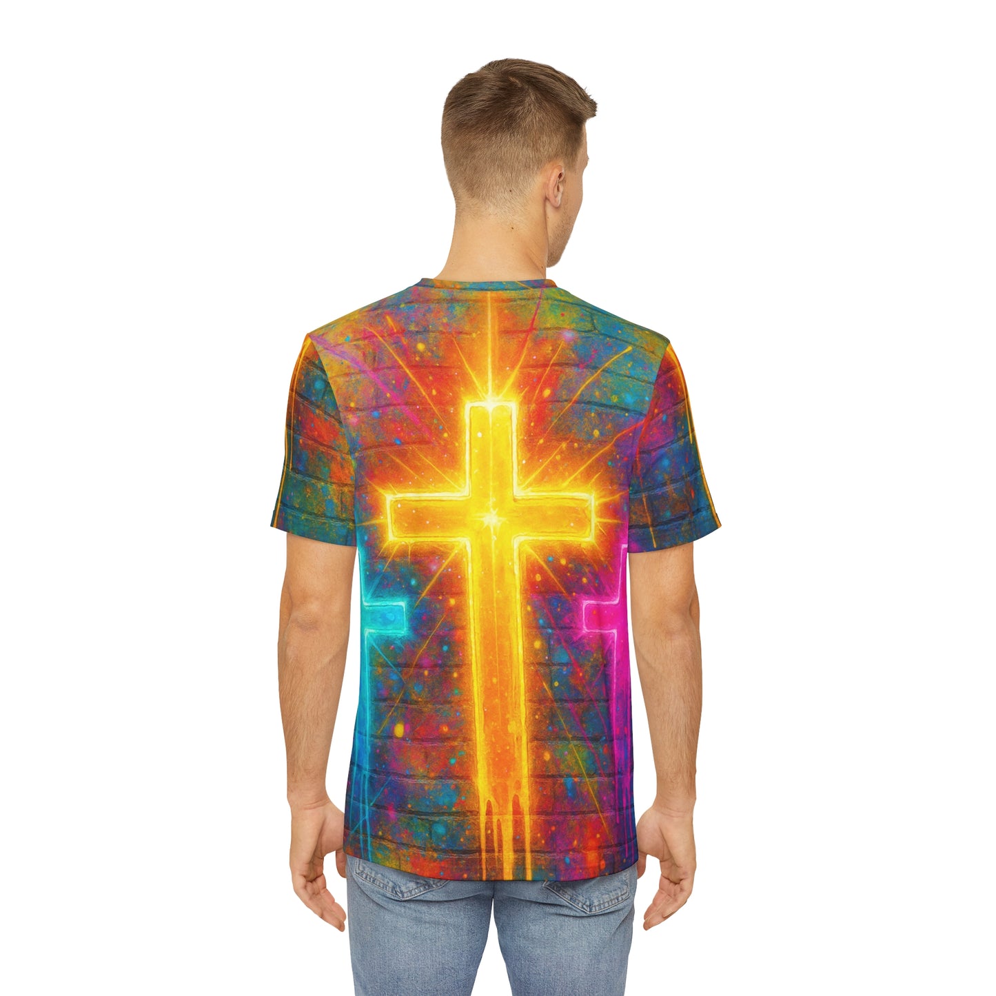 Vibrant Faith Graphic Tee, Colorful Men’s Shirt, Cross Design Apparel, Spiritual Fashion, Casual Wear for Men/Women