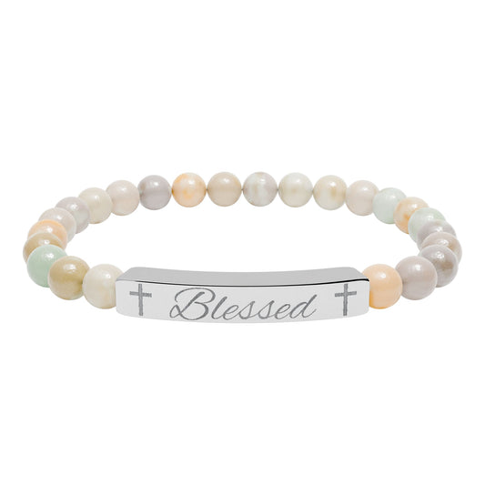 Blessed-Natural Stone Stretch Bar Bracelet (Engraving)