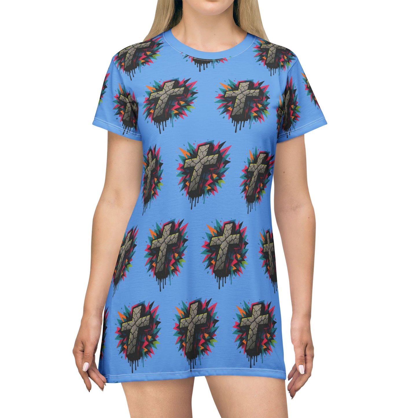 Colorful Cross Graphic T-Shirt Dress, Vibrant Casual Wear, Street Style Clothing, Gift for Fashion Lovers, Festival Ready Outfit, Everyday [...]