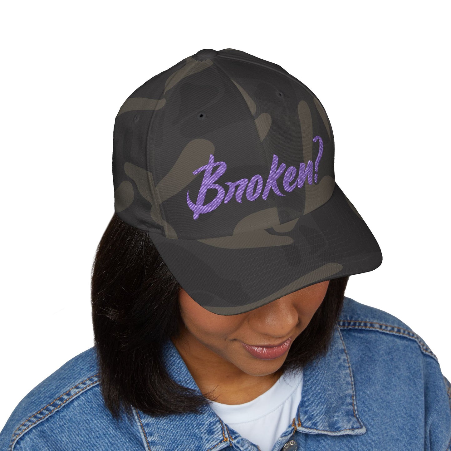 Embroidered 'Broken?' Cap — Psalm 34:18 Flexfit Hat (2-sided embroidery-front/back)