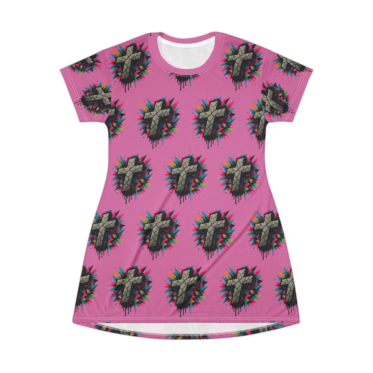 Colorful Cross Graphic T-Shirt Dress, Vibrant Casual Wear, Street Style Clothing, Gift for Fashion Lovers, Festival Ready Outfit, Everyday [...]