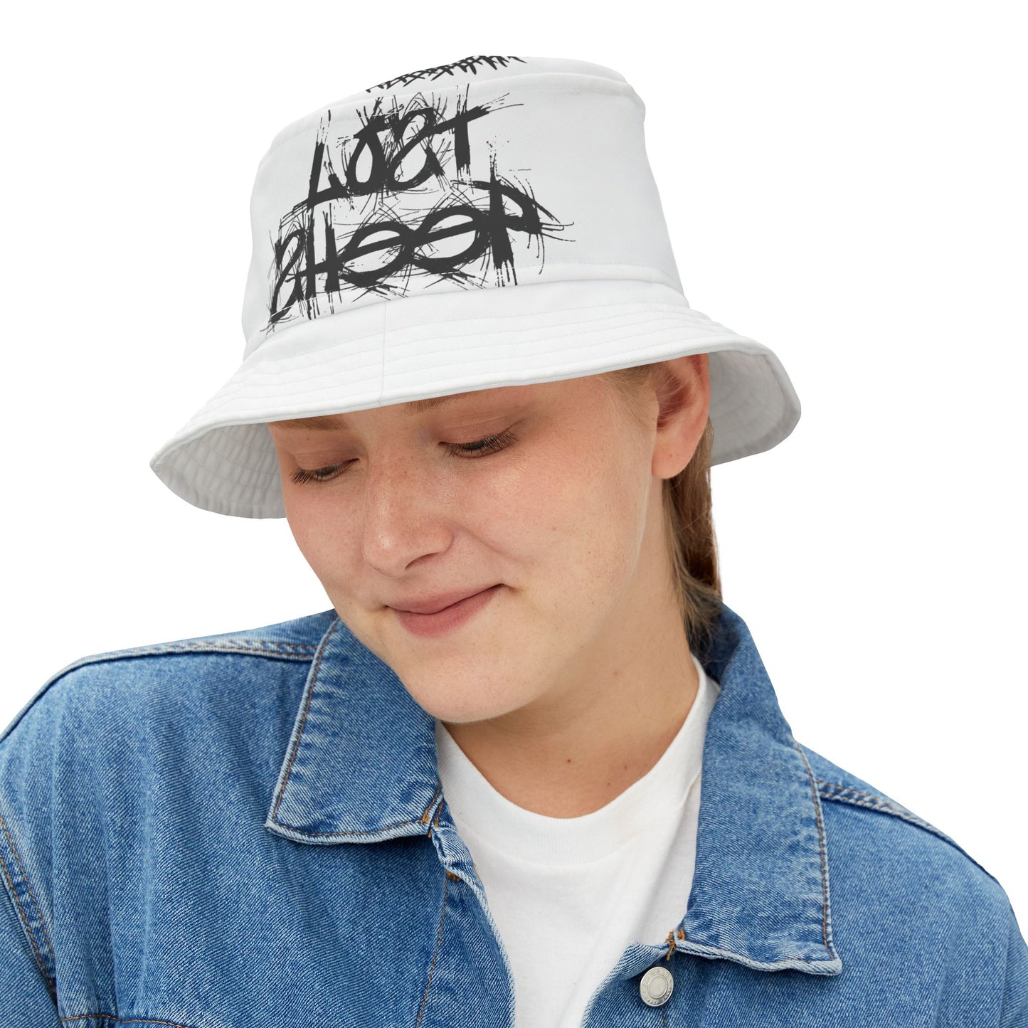 White Lost Sheep Grunge Bucket Hat, Trendy Summer Accessory, Unisex Streetwear, Perfect for Festivals, Beach Days, Gift for Artists and Christians