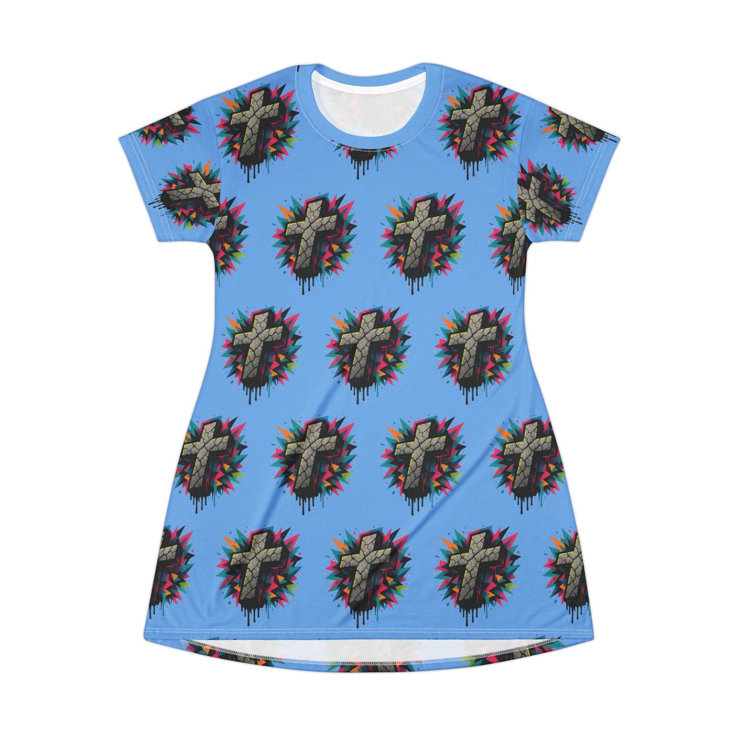 Colorful Cross Graphic T-Shirt Dress, Vibrant Casual Wear, Street Style Clothing, Gift for Fashion Lovers, Festival Ready Outfit, Everyday [...]