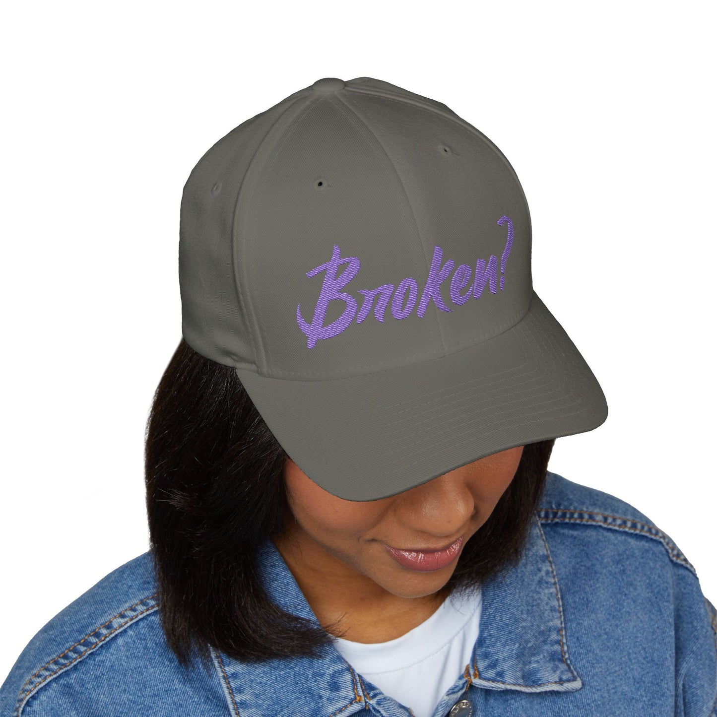 Embroidered 'Broken?' Cap — Psalm 34:18 Flexfit Hat (2-sided embroidery-front/back)