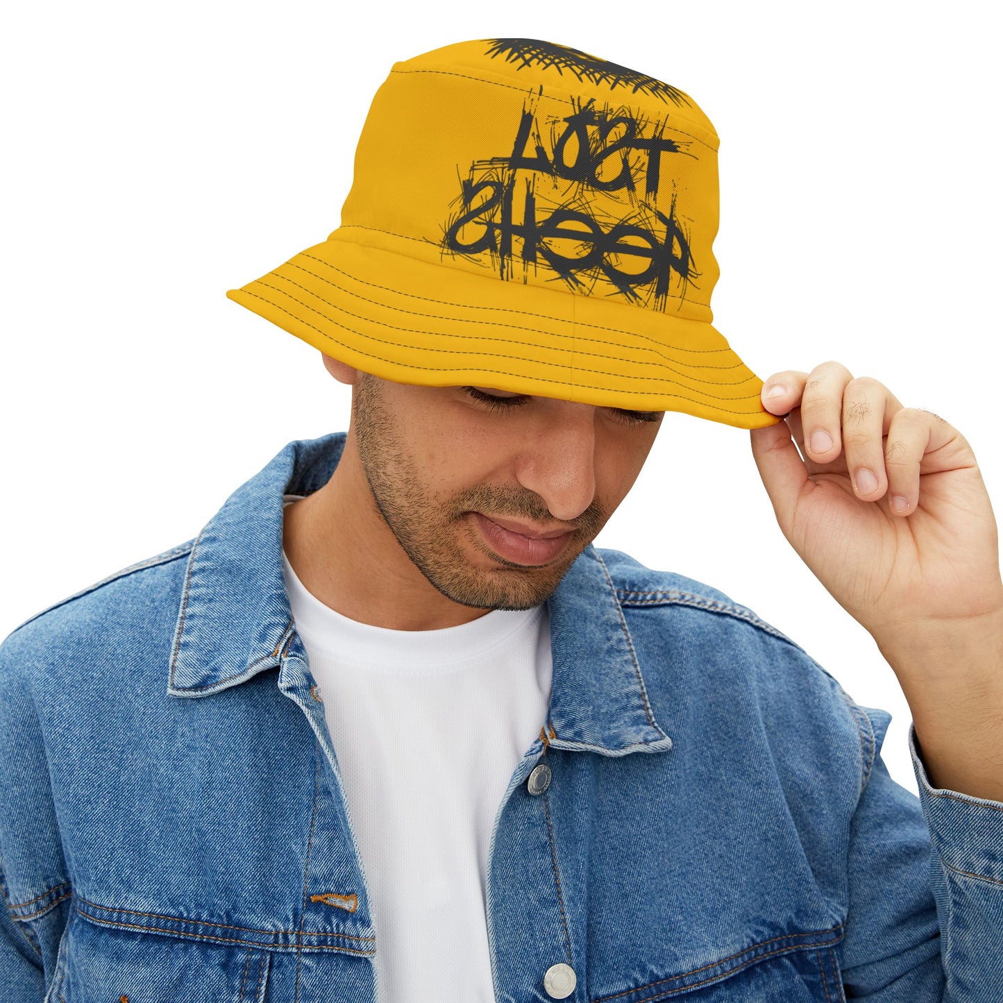 Yellow Lost Sheep Grunge Bucket Hat, Trendy Summer Accessory, Unisex Streetwear, Perfect for Festivals, Beach Days, Gift for Artists and Christians