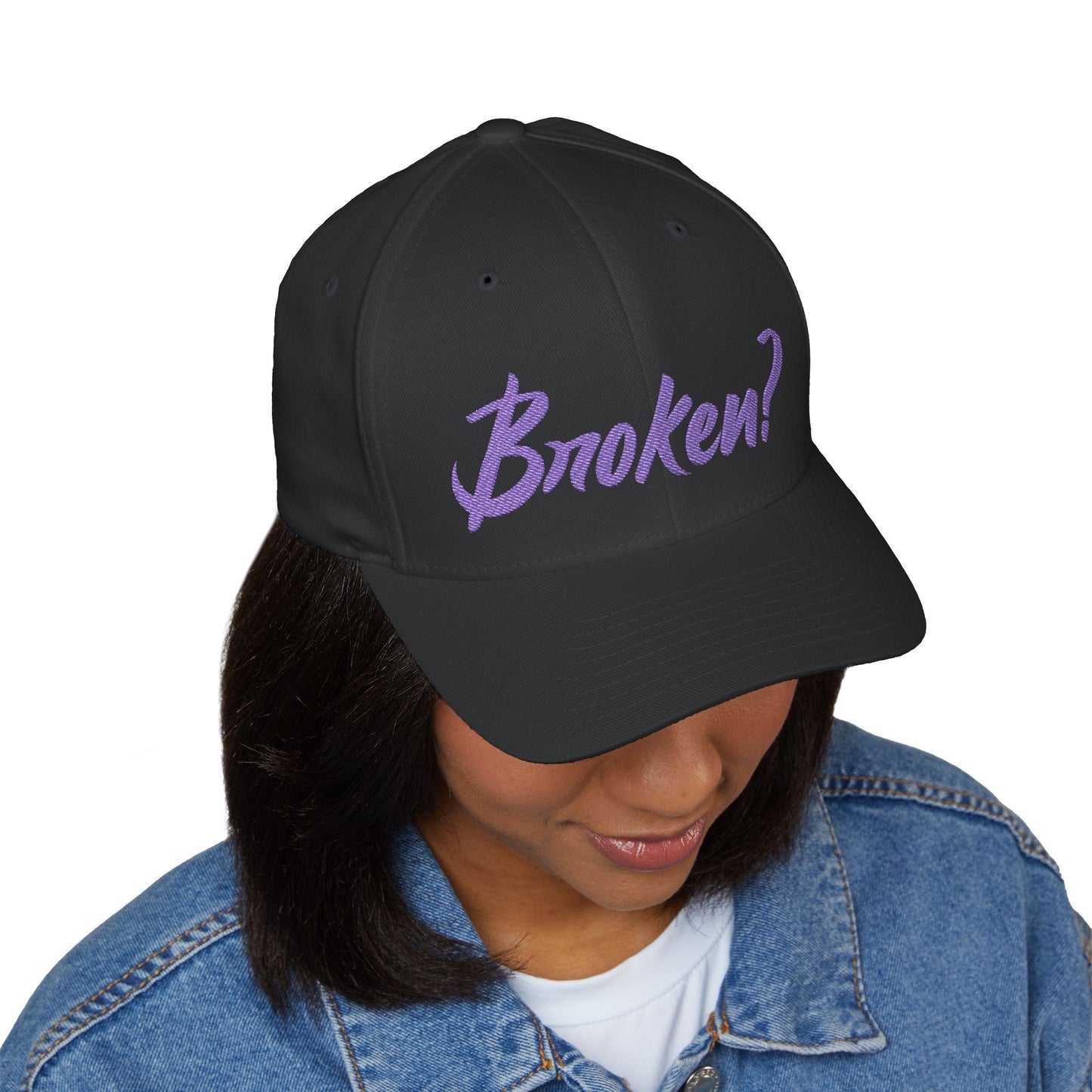 Embroidered 'Broken?' Cap — Psalm 34:18 Flexfit Hat (2-sided embroidery-front/back)