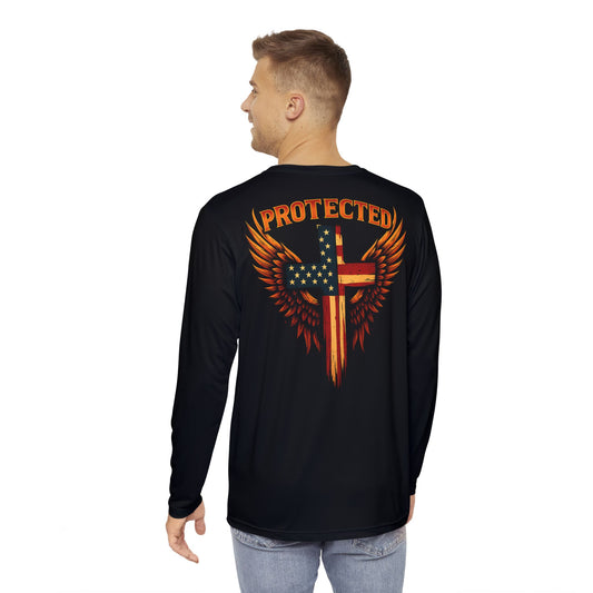 Men's Long Sleeve Shirt - Protected Christian Graphic Tee, Patriotic Top for Faith, Casual Wear, Gifts for Men, Spiritual Apparel