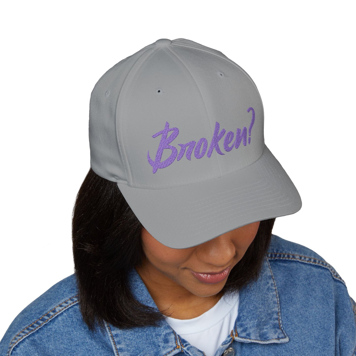 Embroidered 'Broken?' Cap — Psalm 34:18 Flexfit Hat (2-sided embroidery-front/back)