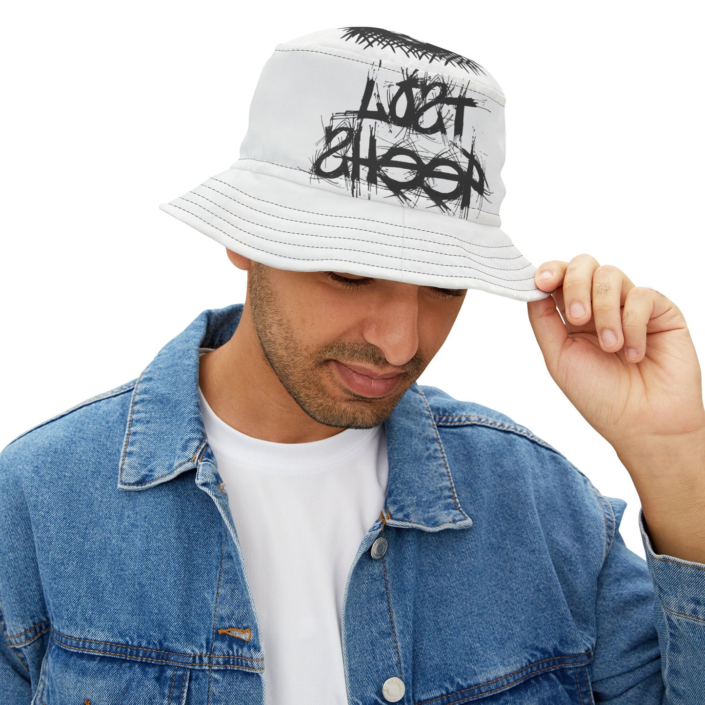 White Lost Sheep Grunge Bucket Hat, Trendy Summer Accessory, Unisex Streetwear, Perfect for Festivals, Beach Days, Gift for Artists and Christians