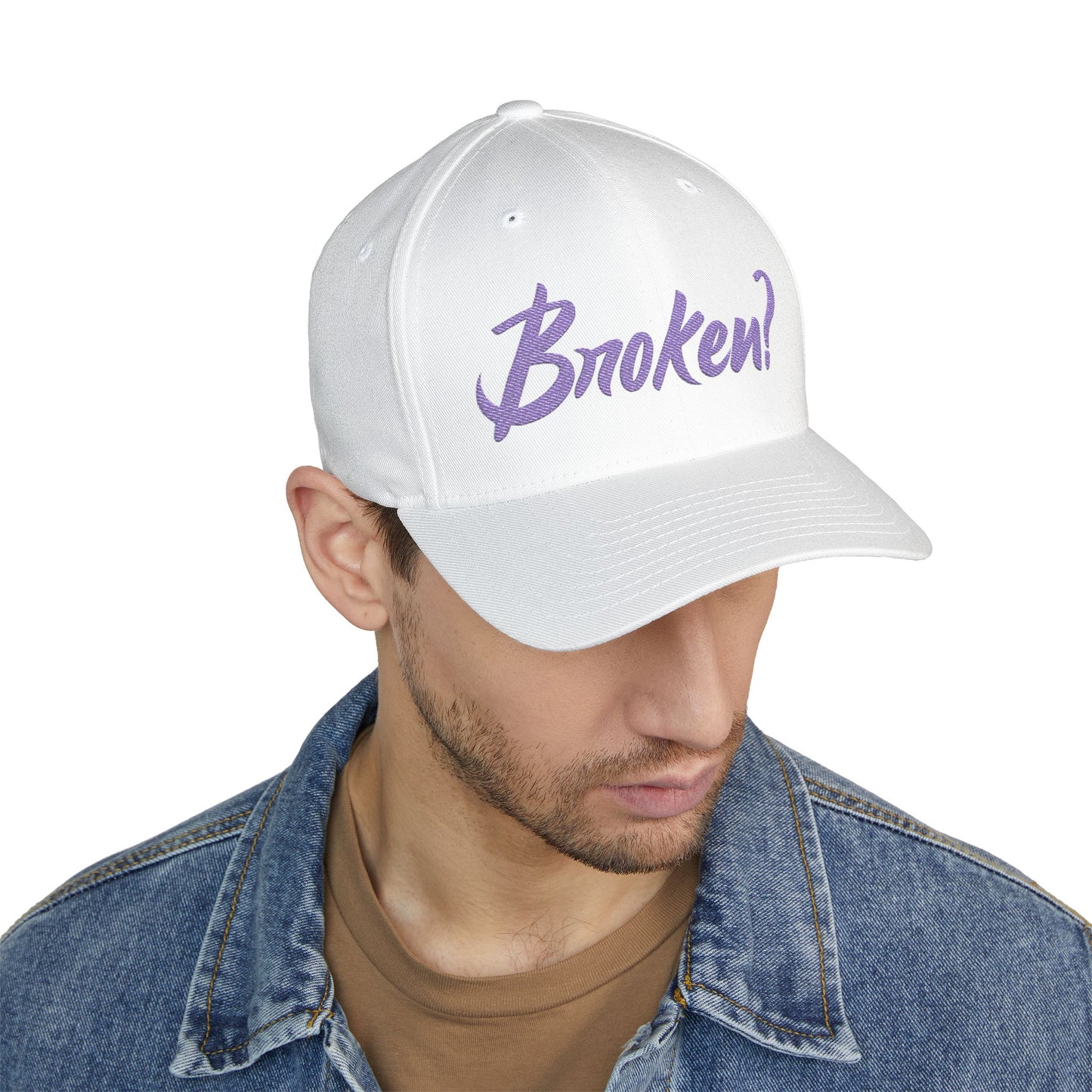 Embroidered 'Broken?' Cap — Psalm 34:18 Flexfit Hat (2-sided embroidery-front/back)