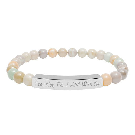 Fear Not, For I AM With You-Natural Stone Stretch Bar Bracelet (Engraving)