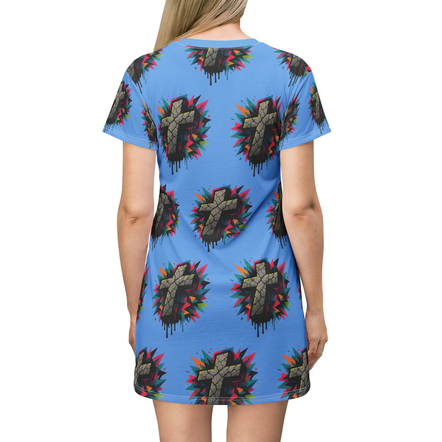 Colorful Cross Graphic T-Shirt Dress, Vibrant Casual Wear, Street Style Clothing, Gift for Fashion Lovers, Festival Ready Outfit, Everyday [...]