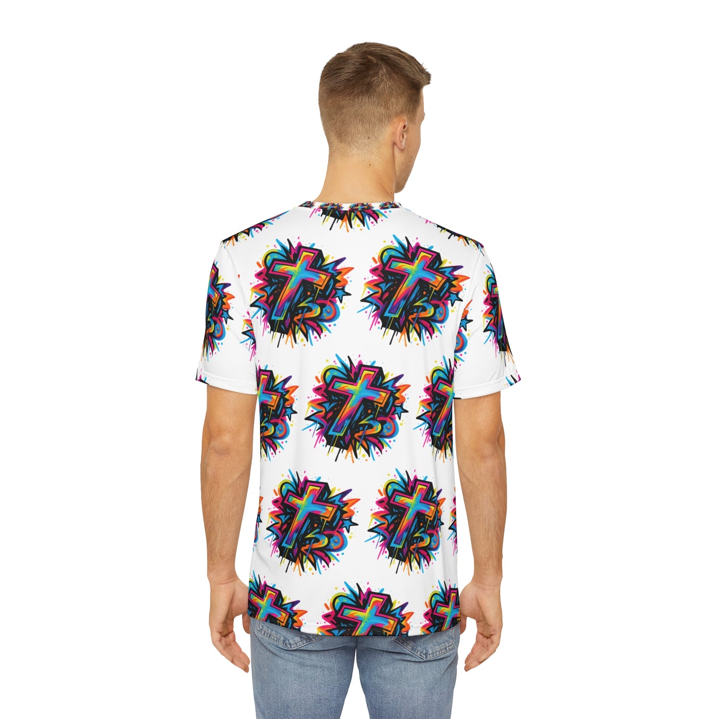 Men's Graphic Tee with Colorful Cross Design, Vibrant Christian Apparel, Faith-Based T-Shirt, Unique Church Gift, Summer Casual Wear, [...]