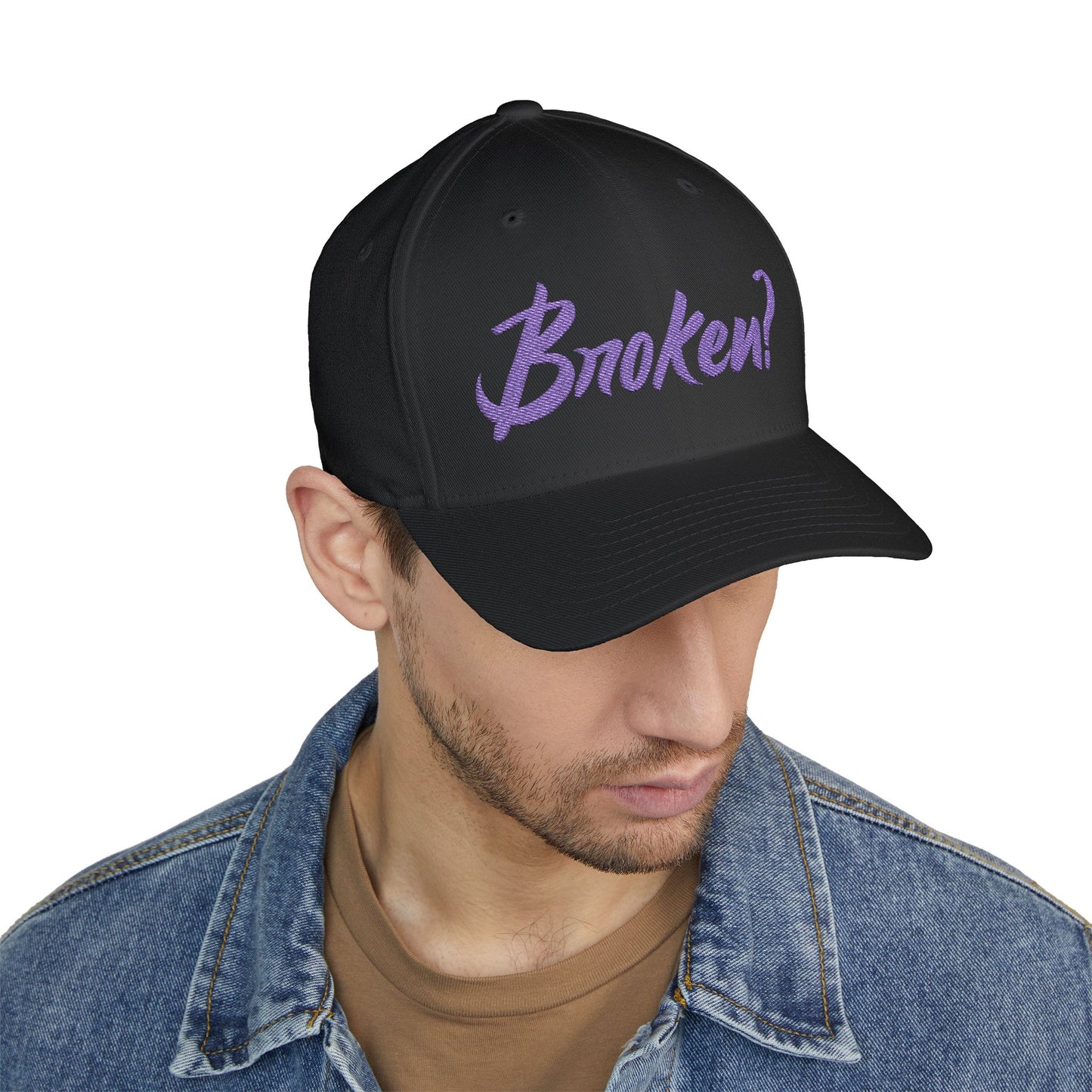 Embroidered 'Broken?' Cap — Psalm 34:18 Flexfit Hat (2-sided embroidery-front/back)