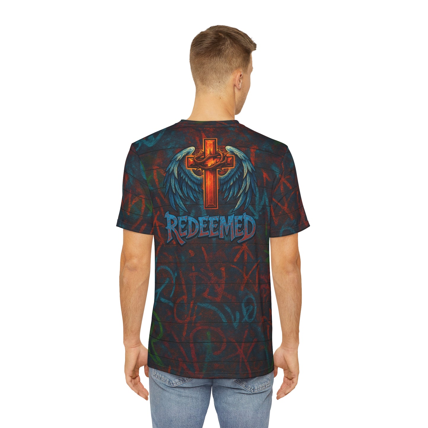 Men's Graphic Tee - Redeemed with Cross and Wings, Streetwear Top, Cool Casual Wear, Festival Style, Unique Gift Idea