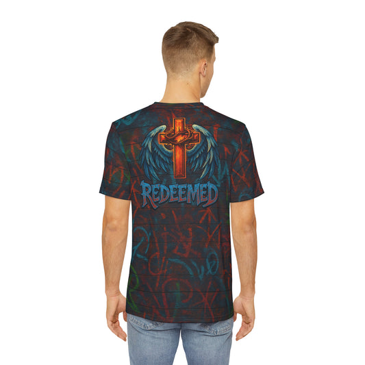 Men's Graphic Tee - Redeemed with Cross and Wings, Streetwear Top, Cool Casual Wear, Festival Style, Unique Gift Idea