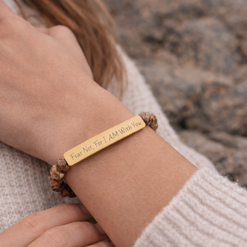 Fear Not, For I AM With You-Natural Stone Stretch Bar Bracelet (Engraving)