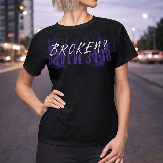 Broken-Psalm 34:18 Women's Graphic Polyester Tee (AOP) —Purple Distressed Design