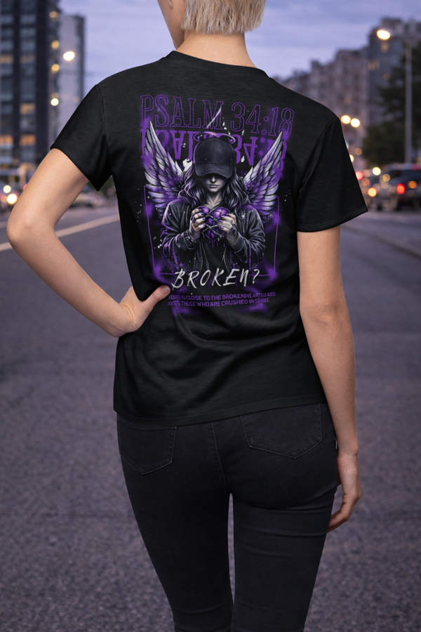 Broken-Psalm 34:18 Women's Graphic Polyester Tee (AOP) —Purple Distressed Design