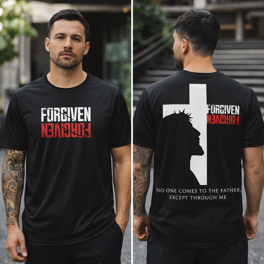 Forgiven-Polyester Tee — "No One Comes to the Father Except Through Me" Christian Statement Shirt
