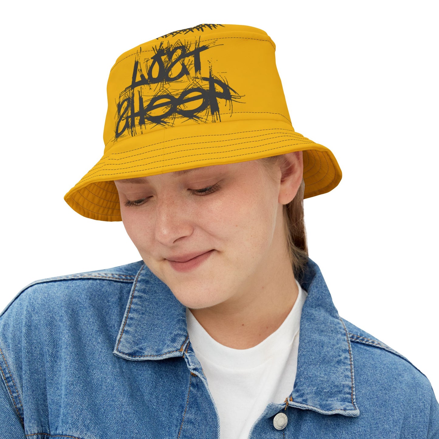 Yellow Lost Sheep Grunge Bucket Hat, Trendy Summer Accessory, Unisex Streetwear, Perfect for Festivals, Beach Days, Gift for Artists and Christians