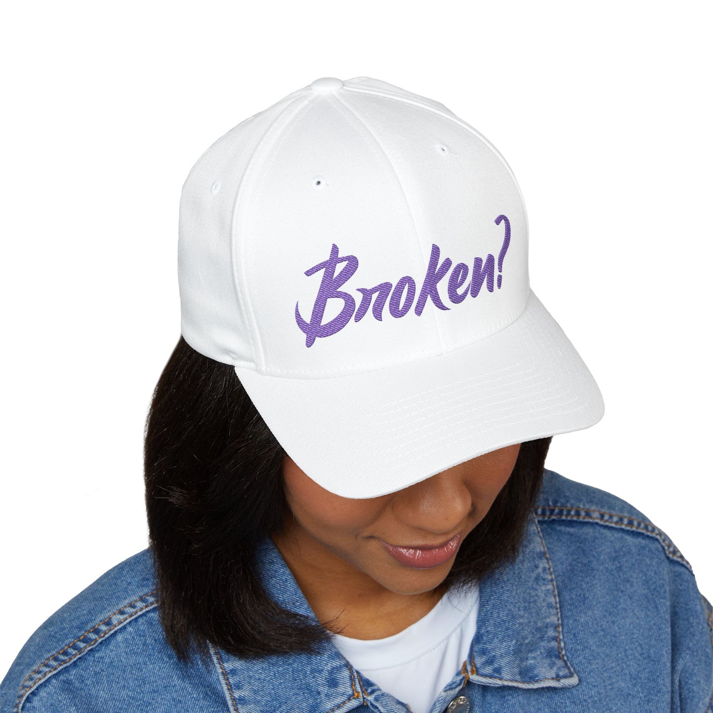 Embroidered 'Broken?' Cap — Psalm 34:18 Flexfit Hat (2-sided embroidery-front/back)