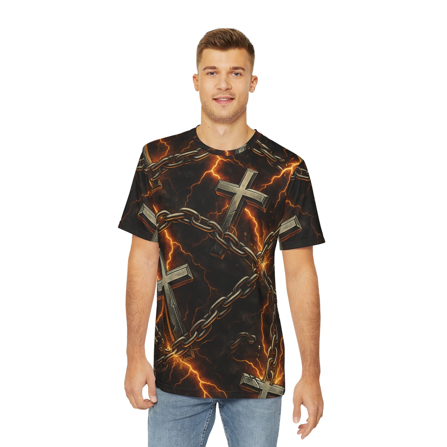 Men's Graphic Tee- Chain Breaker Cross Design, Alternative Fashion, Unisex Style, Perfect for Festivals, Gifts, and Casual Wear