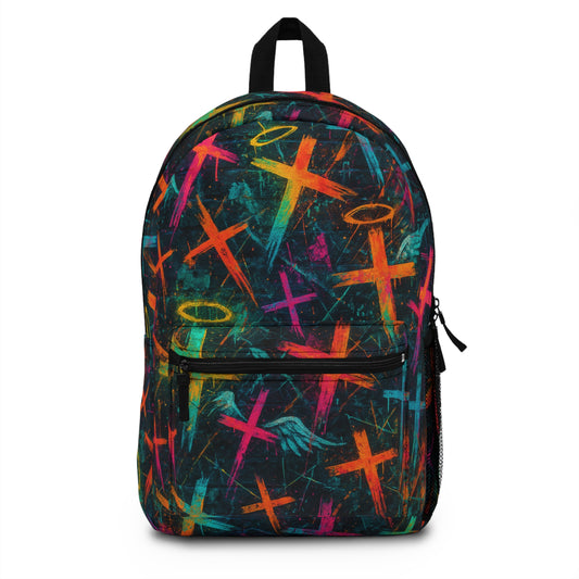 Colorful Graphic Backpack with Cross Design | Trendy School Bag, Unique Gift, Stylish Travel Accessory, Festival Backpack, Art-Inspired Bag