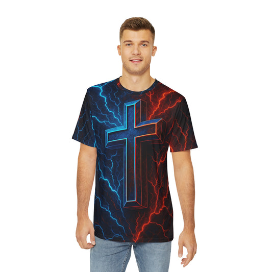 Men's Graphic Tee with Electric Cross Design, Bold T-shirt for Faith, Spiritual Style, Unique Christian Gift, Casual Wear
