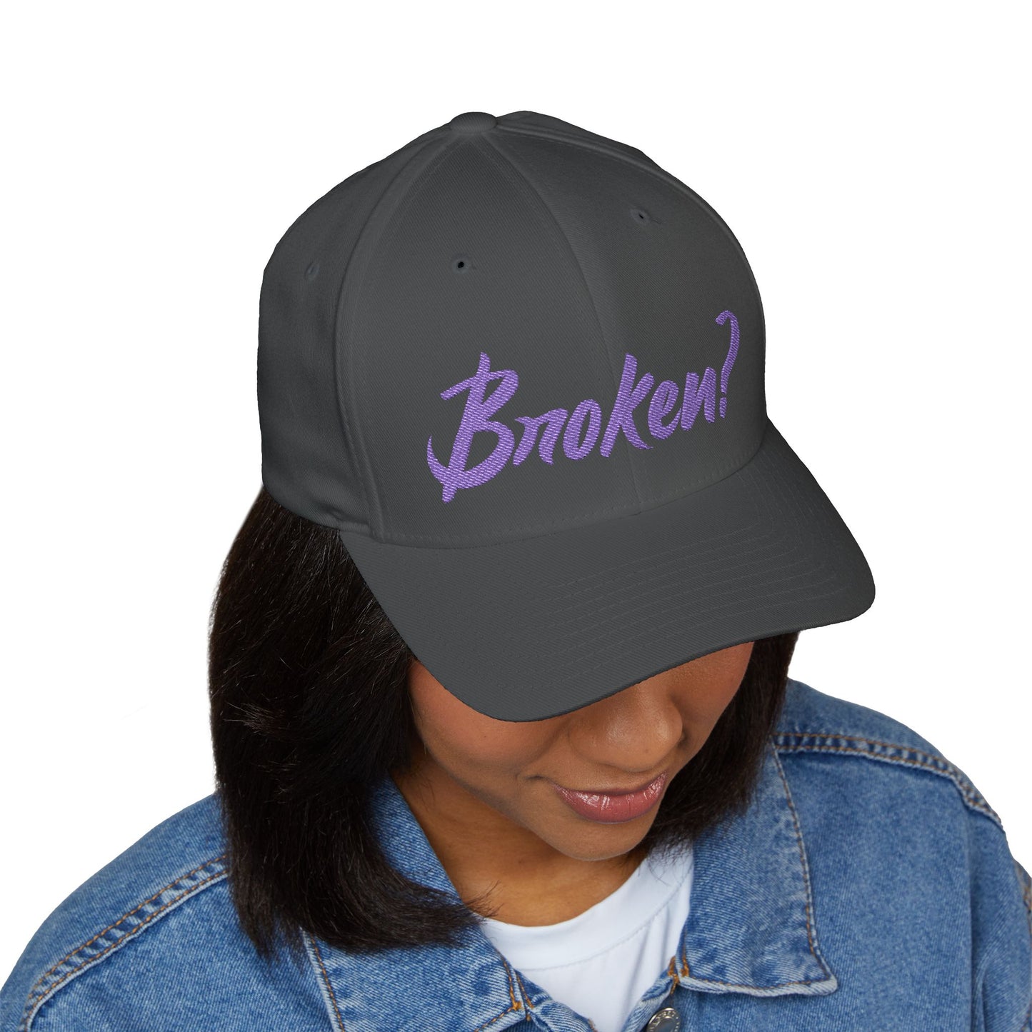 Embroidered 'Broken?' Cap — Psalm 34:18 Flexfit Hat (2-sided embroidery-front/back)