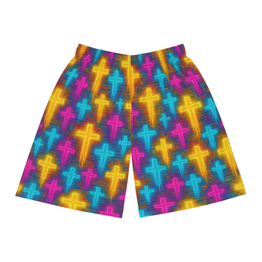 Vibrant Cross Basketball Shorts, Colorful Activewear, Summer Sports Shorts, Religious Inspired Apparel, Unique Gift for Athletes