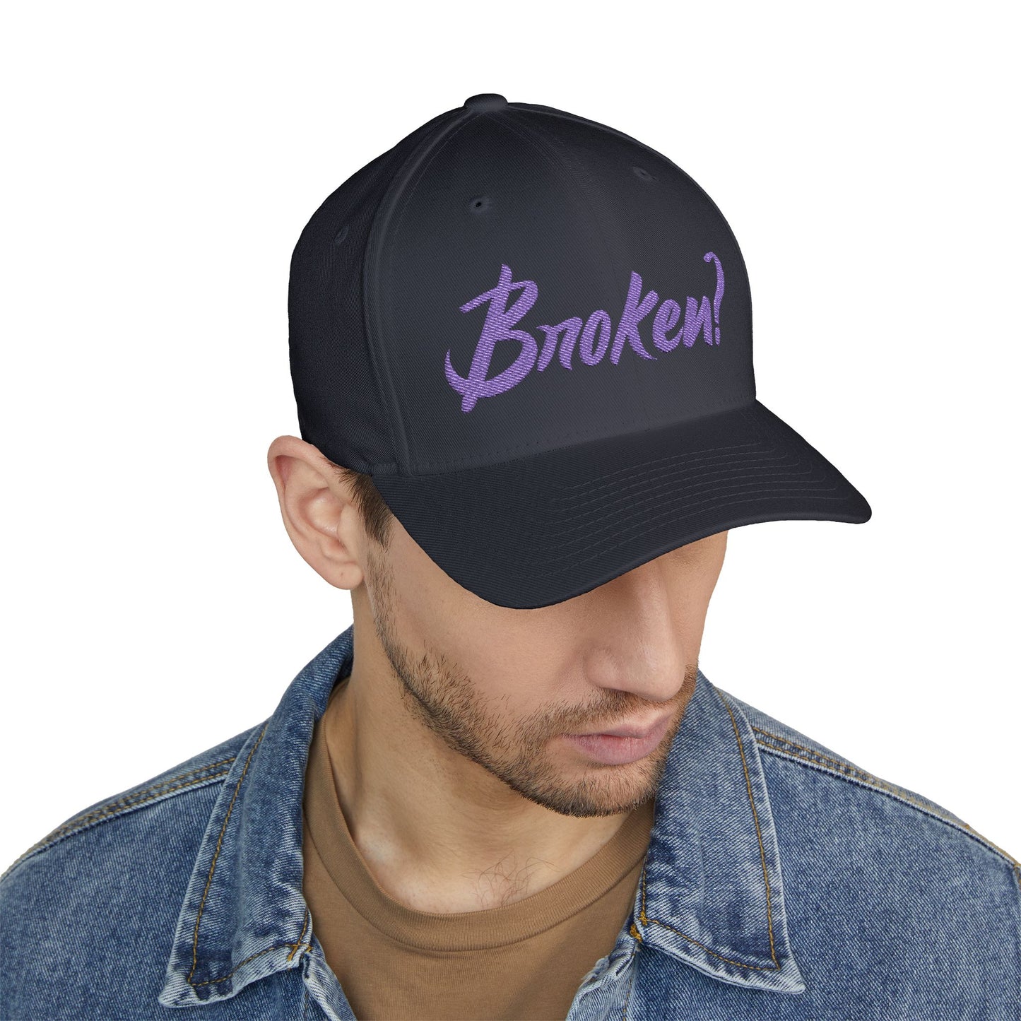 Embroidered 'Broken?' Cap — Psalm 34:18 Flexfit Hat (2-sided embroidery-front/back)