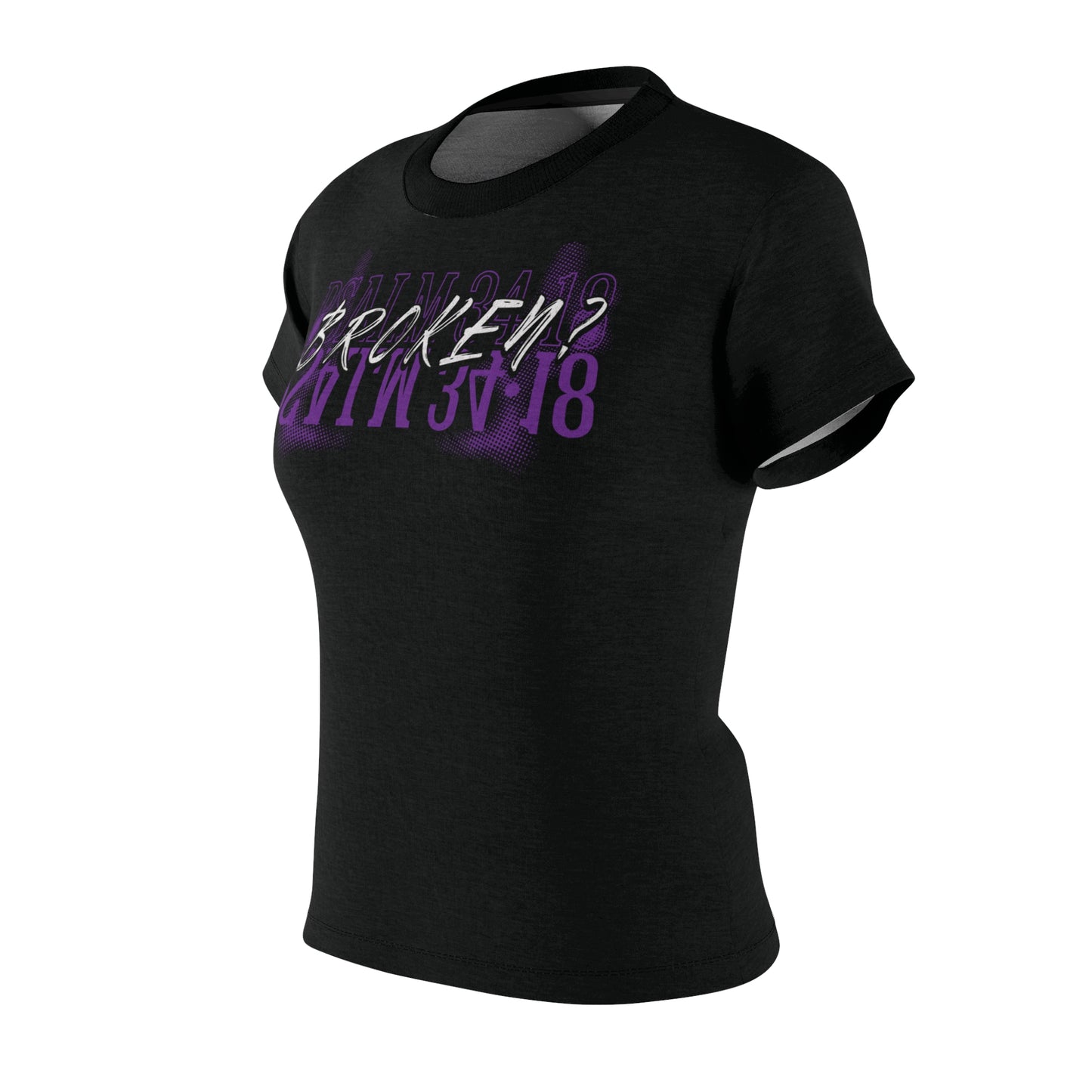 Broken-Psalm 34:18 Women's Graphic Polyester Tee (AOP) —Purple Distressed Design