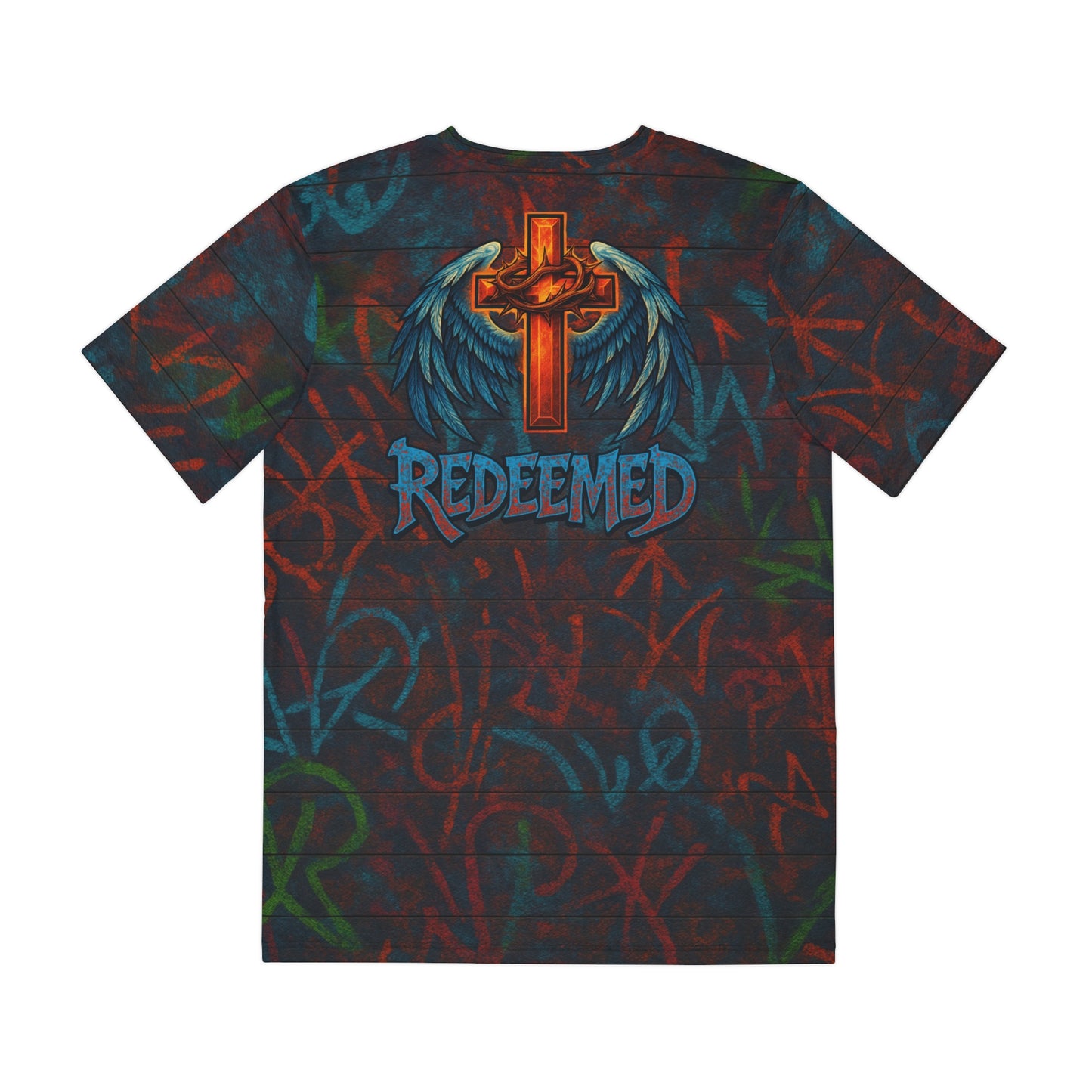 Men's Graphic Tee - Redeemed with Cross and Wings, Streetwear Top, Cool Casual Wear, Festival Style, Unique Gift Idea