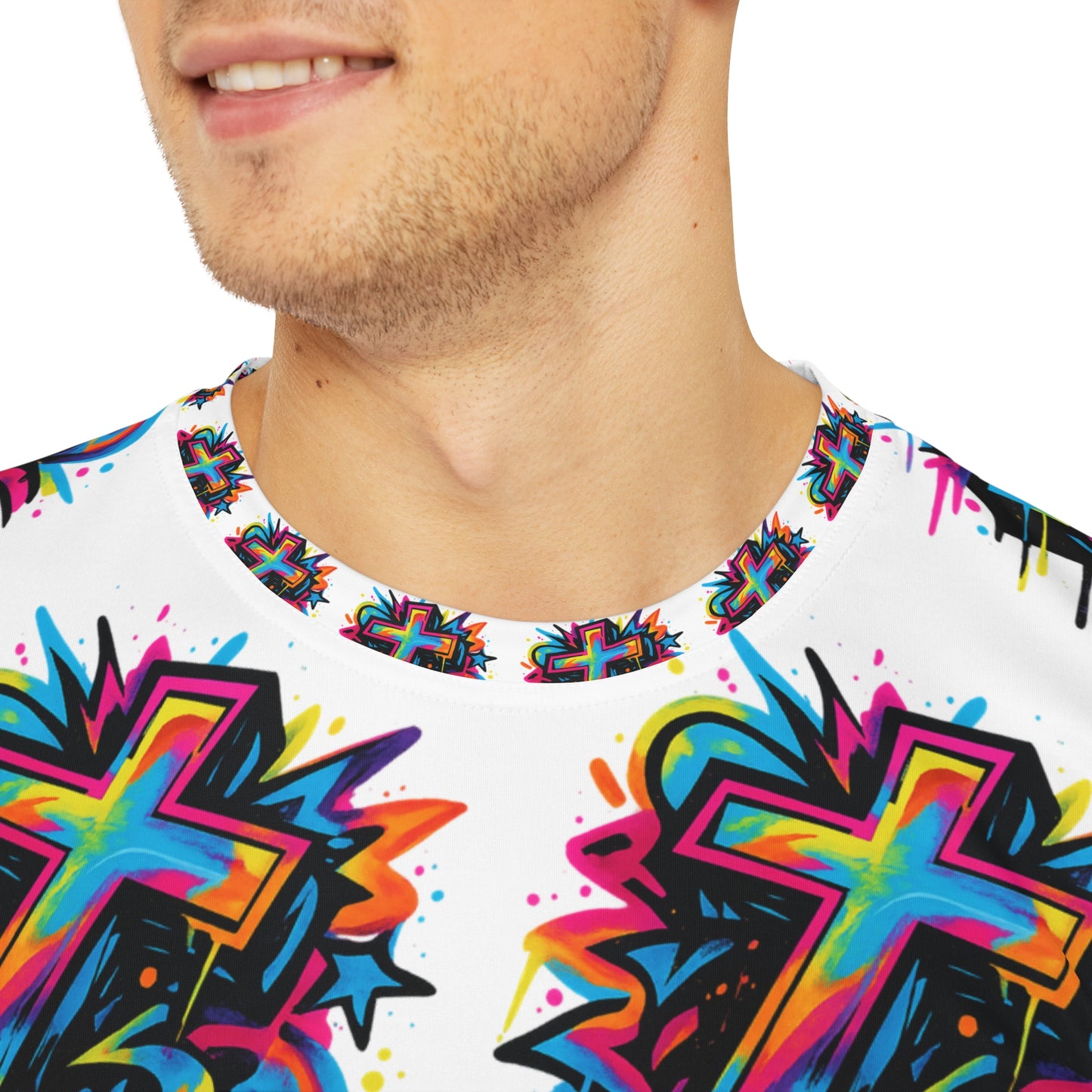 Men's Graphic Tee with Colorful Cross Design, Vibrant Christian Apparel, Faith-Based T-Shirt, Unique Church Gift, Summer Casual Wear, [...]