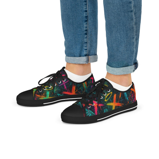 Vibrant Graffiti Cross Art Sneakers for Men, Unique Artistic Low Tops, Casual Footwear, Gift for Art Lovers, Trendy Everyday Shoes